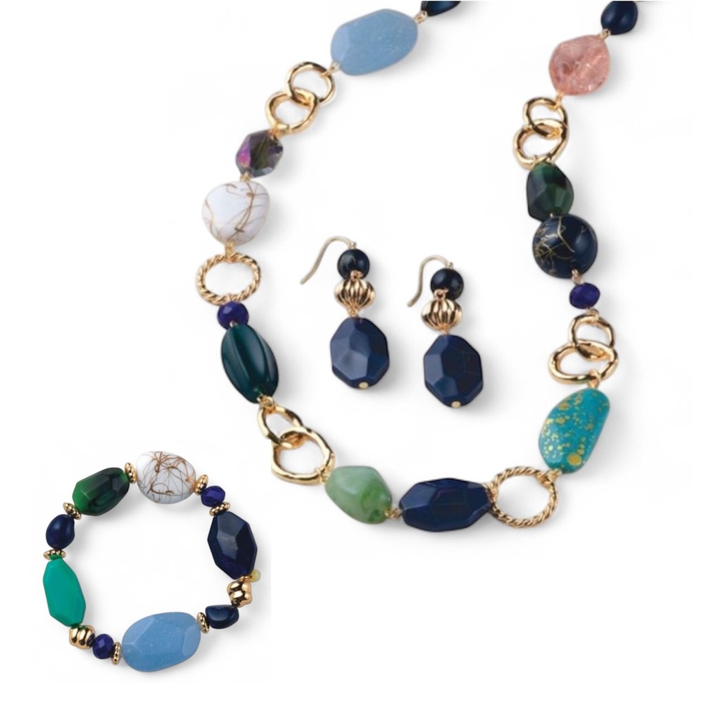 NWT Blue Modern Mosaic 3-Piece Jewelry Set – Necklace, Bracelet & Earrings